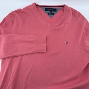 Tommy Hilfiger Mens Size L Premium Cotton V Neck Sweater Coral Pink